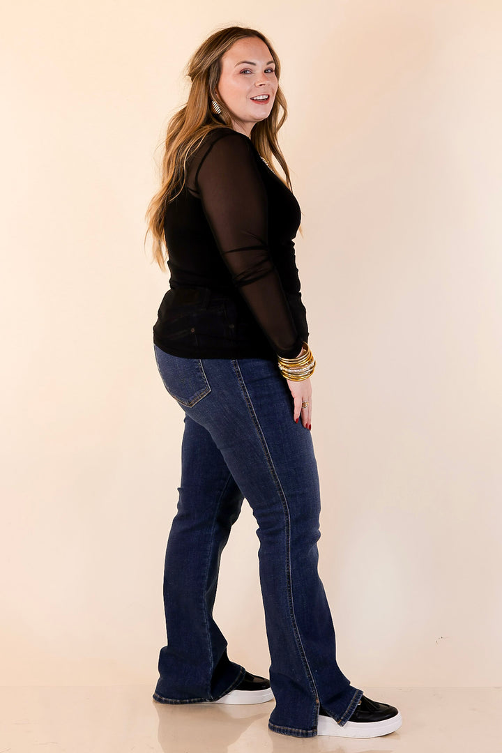 Sheer Confidence Solid Mesh Long Sleeve Top in Black