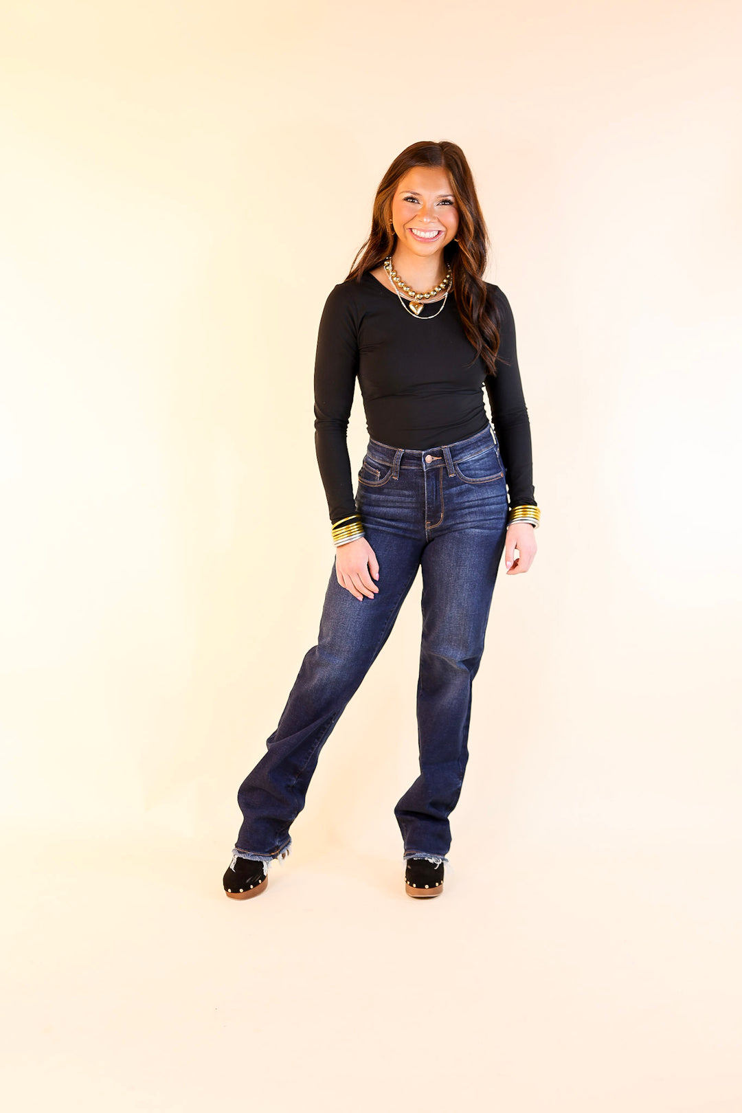 Judy Blue | Everyday Icon Straight Leg Jean with Frayed Hem in Dark Wash