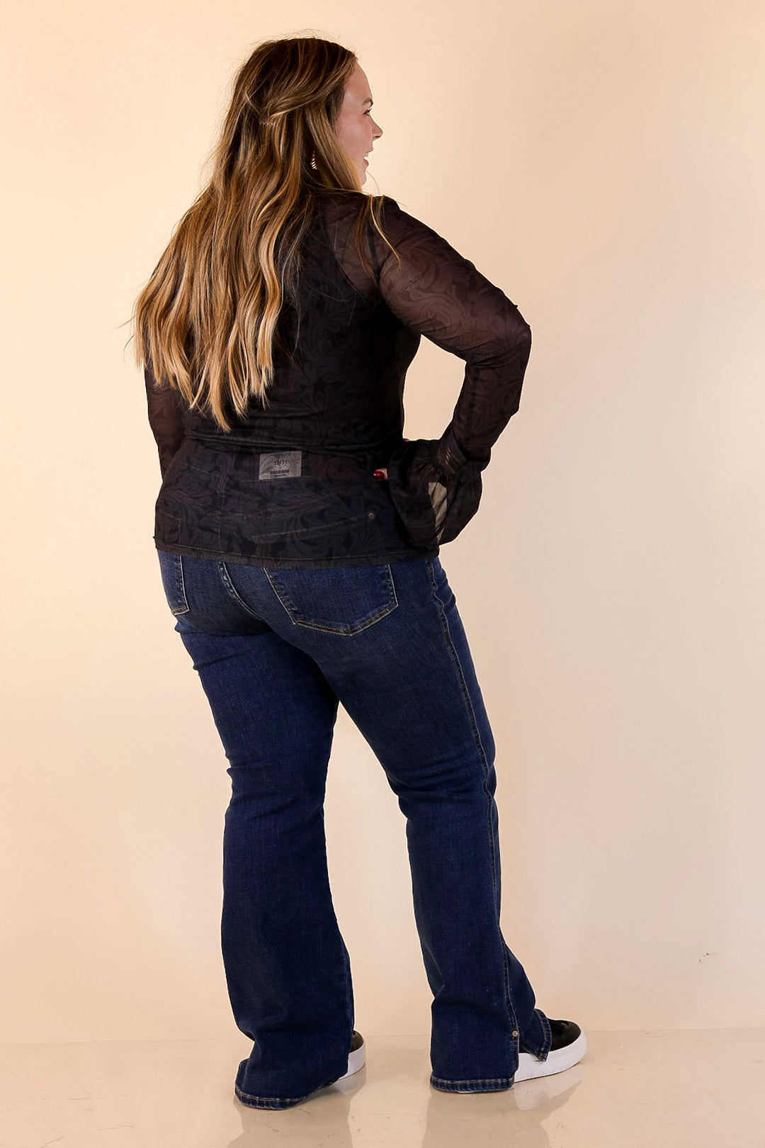 Sheer and Sophisticated Tooled Print Long Sleeve Mesh Top with Ruffle Sleeves in Black