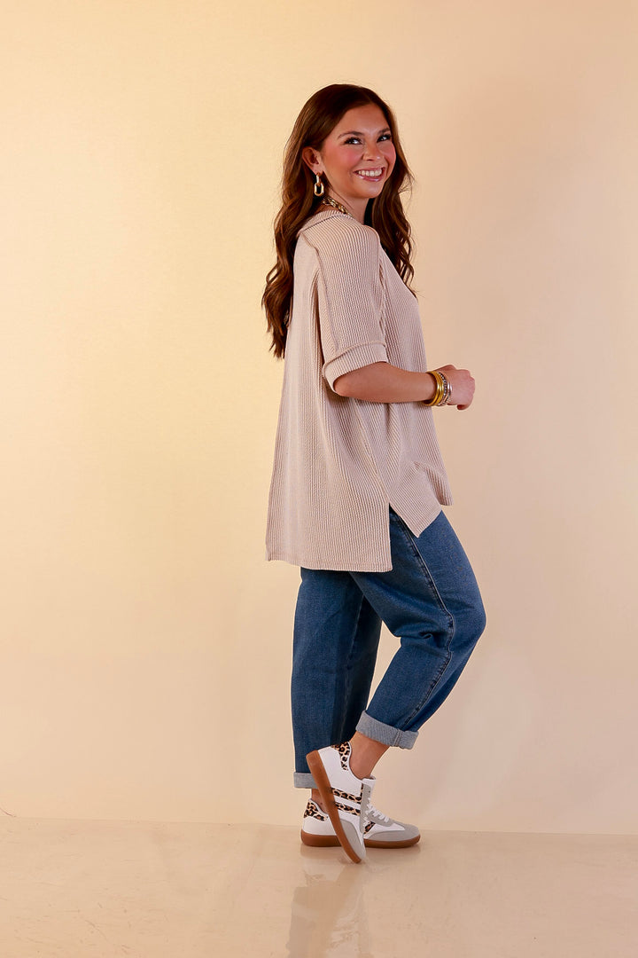 Daily Perfection Scoop Neck Short Sleeve Ribbed Top in Beige