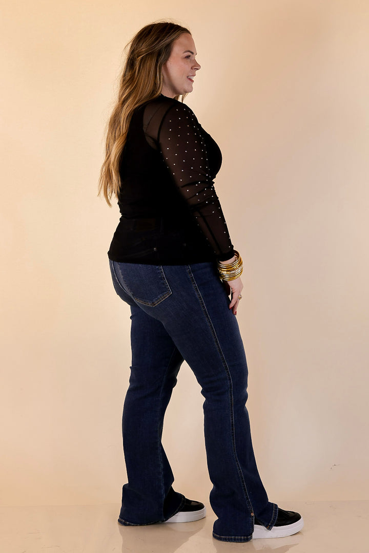 Sheer Confidence Solid Mesh Long Sleeve Top with Rhinestone Detailing in Black