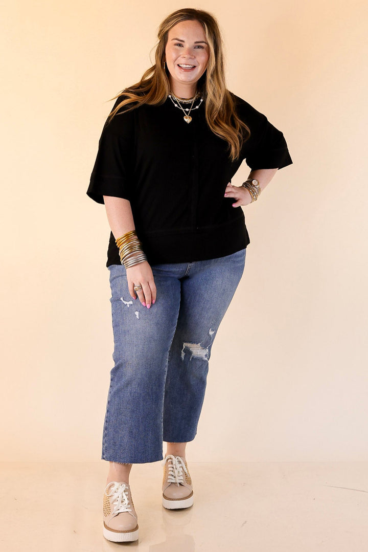 Subtle Spark Crew Neck Short Sleeve Shirt with Seam Detailing in Black