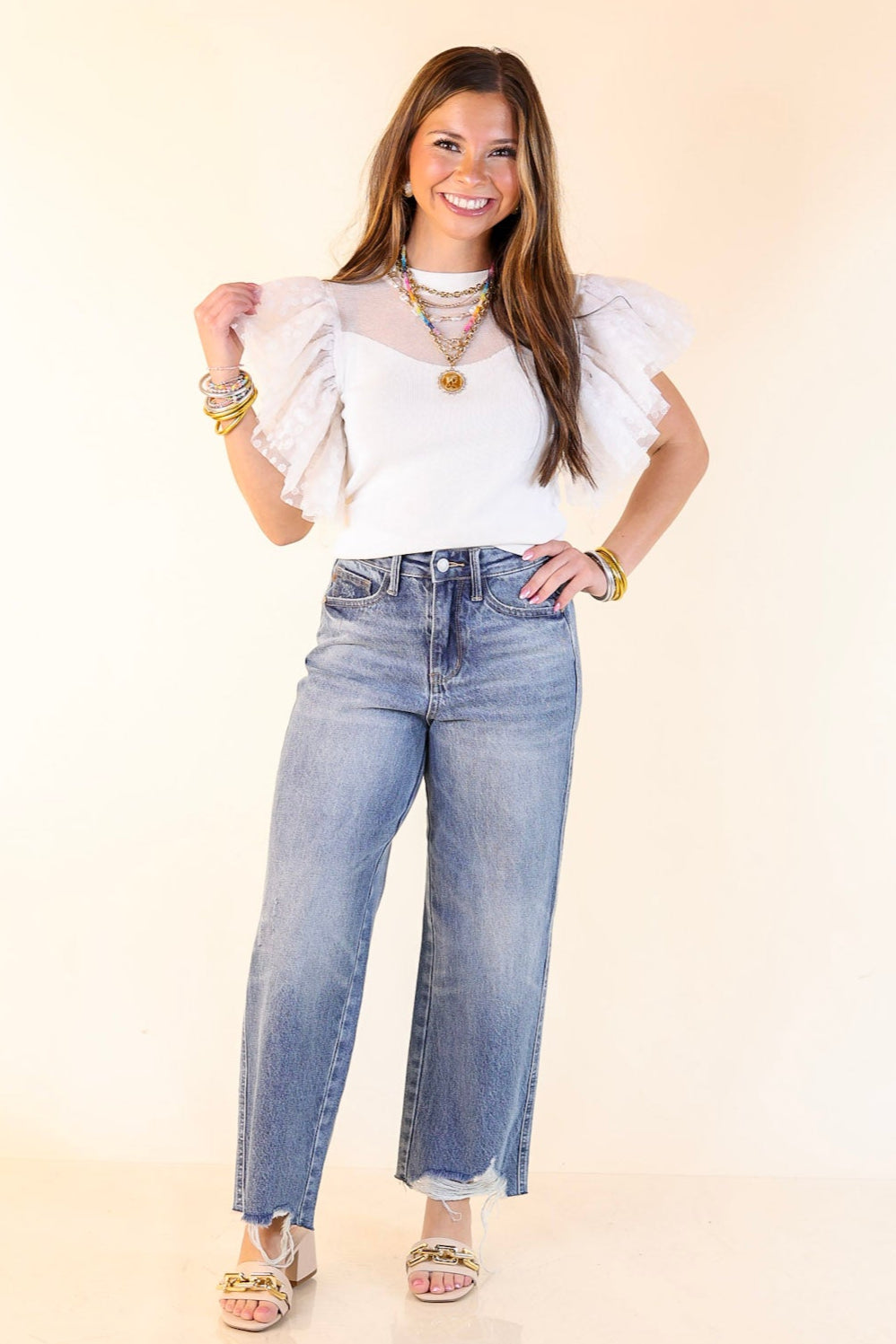 Easy to Love Top with Ruffle Cap Sleeves in White