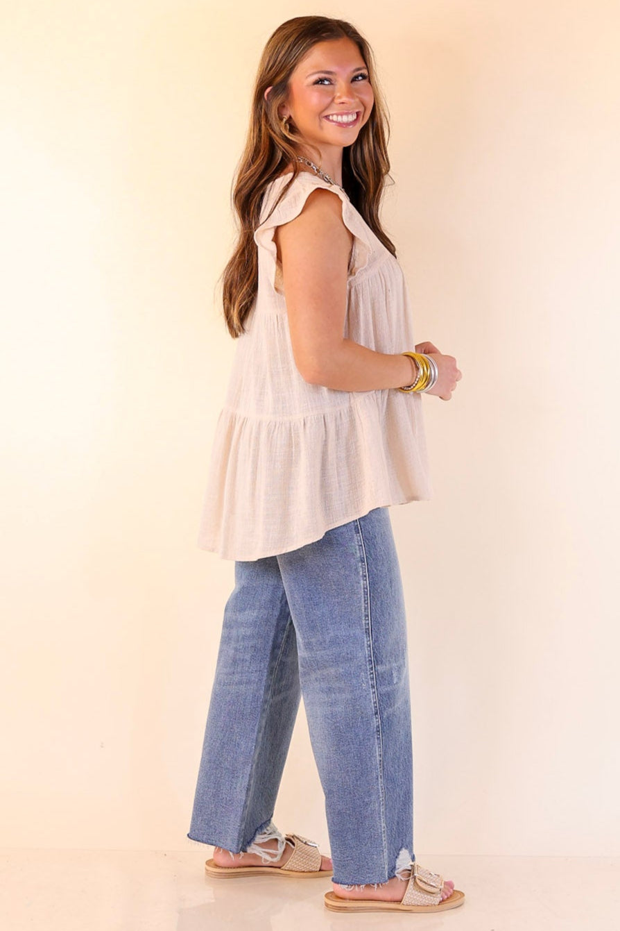 Stay Wonderful Solid Tiered Top with Ruffle Cap Sleeves in Natural