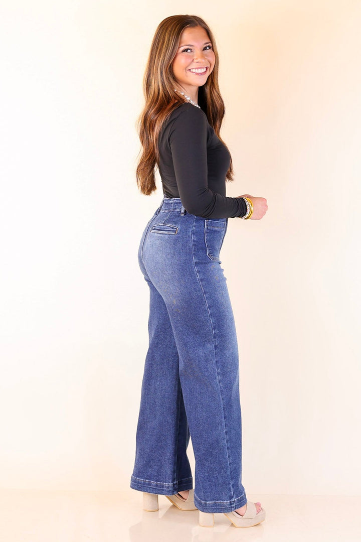 Patch Me In Denim Wide Leg Jean with Front Patch Pocket in Dark Wash