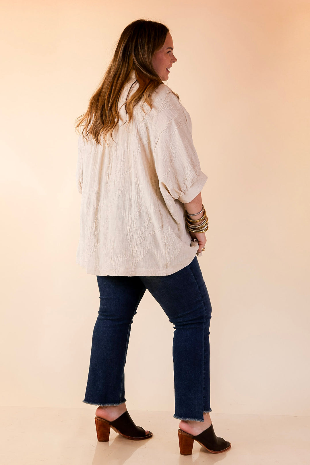 Flirty in Floral Textured Floral Print Button Up Collared Blouse in Cream