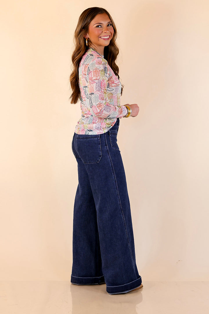 Western Dream Neon Boot Print Mesh Long Sleeve Top in White