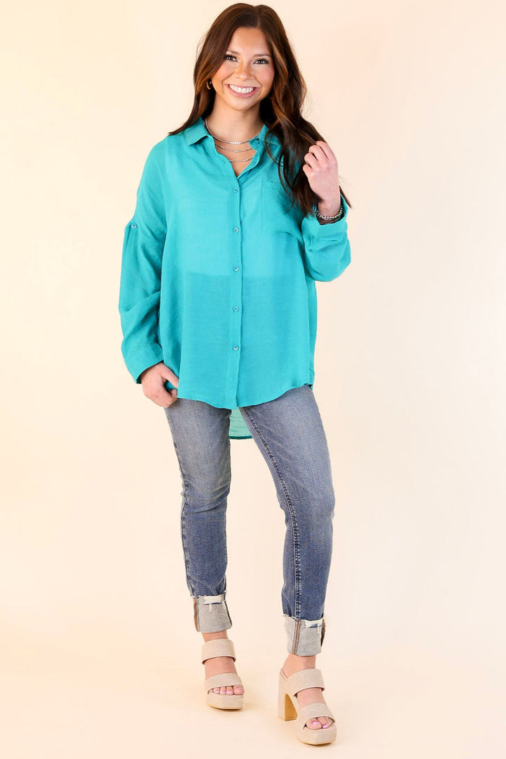 Look on the Bright Side Button Up Long Sleeve in Turquoise Blue