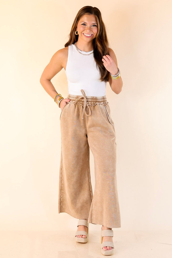 Cozy Girl Cropped Acid Washed Drawstring Pant in Caramel Brown