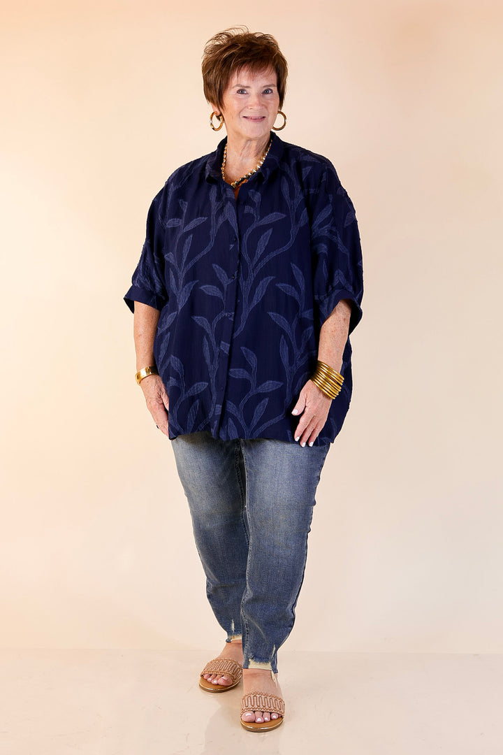 Flirty in Floral Textured Floral Print Button Up Collared Blouse in Navy Blue