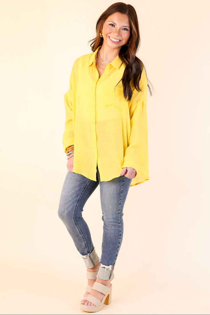 Look on the Bright Side Button Up Long Sleeve in Lemon Yellow