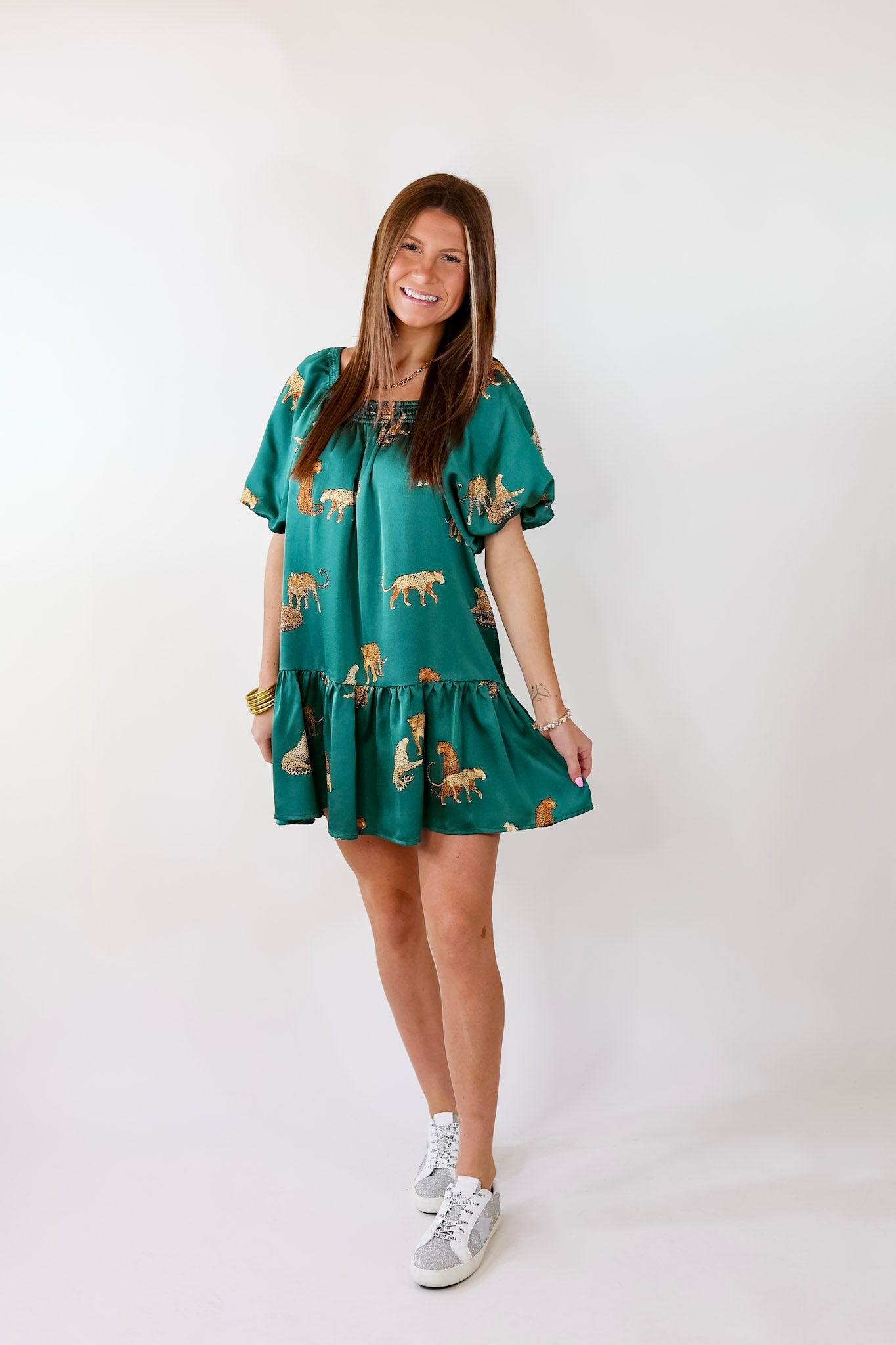 Flirting For Fun Leopard Print Satin Midi Dress in Hunter Green - Giddy Up Glamour Boutique
