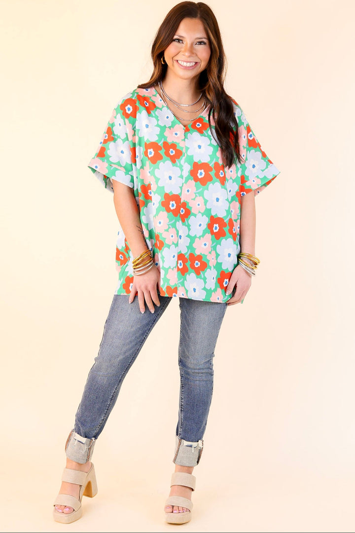 Sunny Refresh Floral V Neck Top in Green Mix