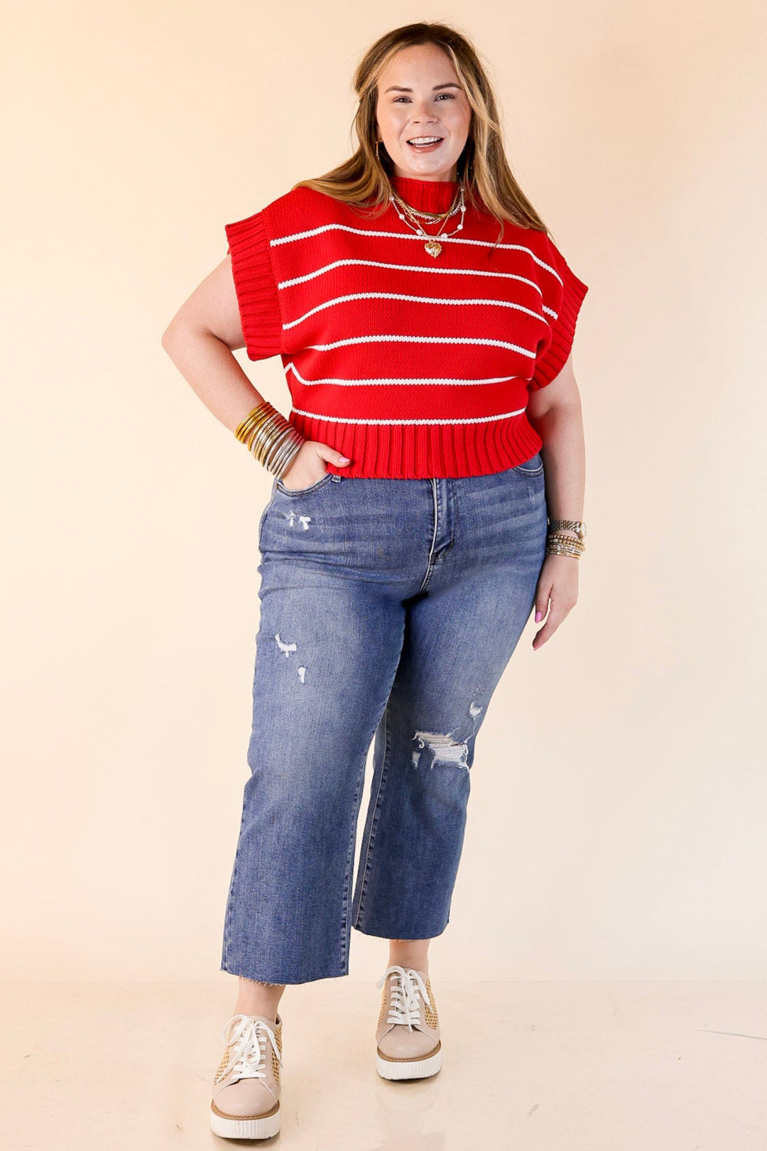 Sweet in Stripes Short Sleeve Striped Mock Neck Sweater in Red