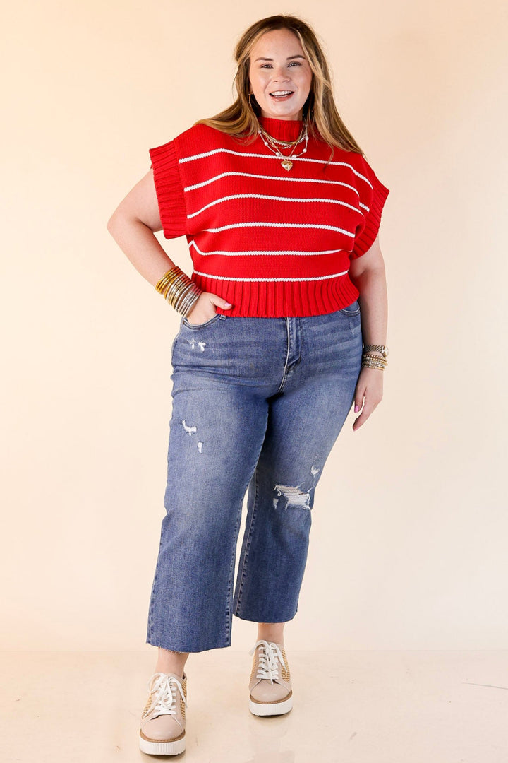 Sweet in Stripes Short Sleeve Striped Mock Neck Sweater in Red