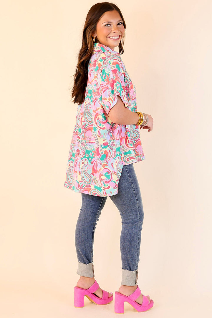 Adventure Awaits Paisley Print Button Up Top in Emerald Green and Pink