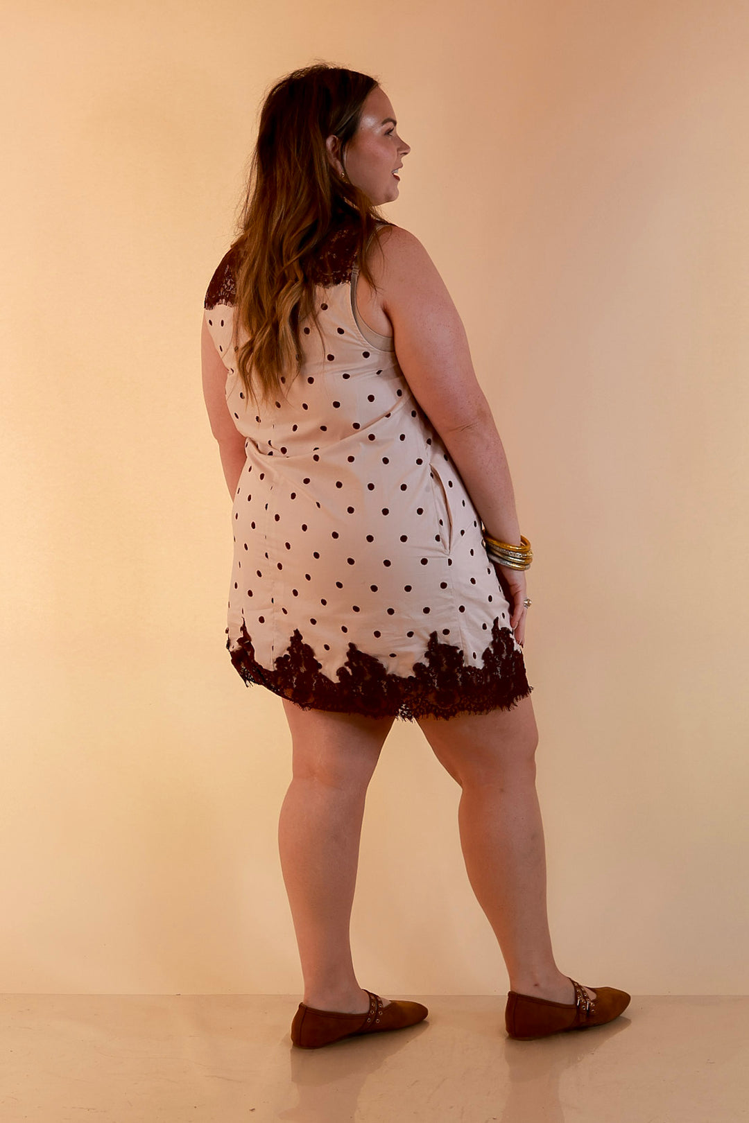 Lovely Little Details Polka Dot Lace Trim Sleeveless Shift Dress in Ivory and Chocolate Brown