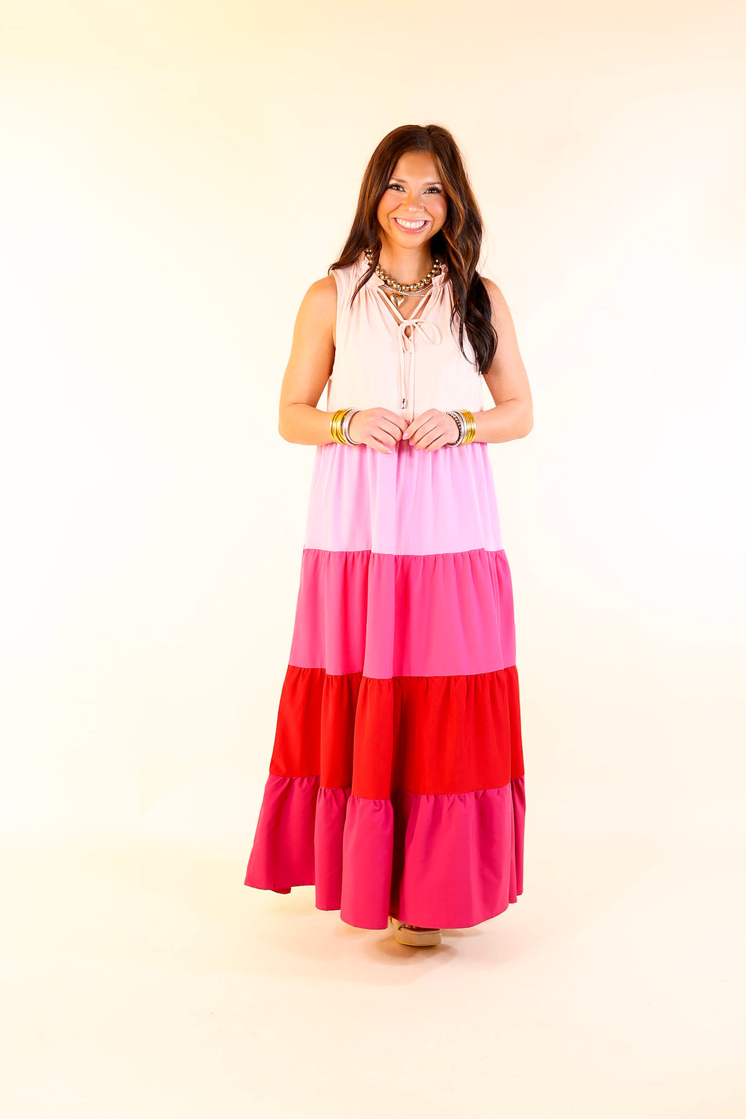 Calm Waters High Neck Tiered Maxi Dress in Pink Mix