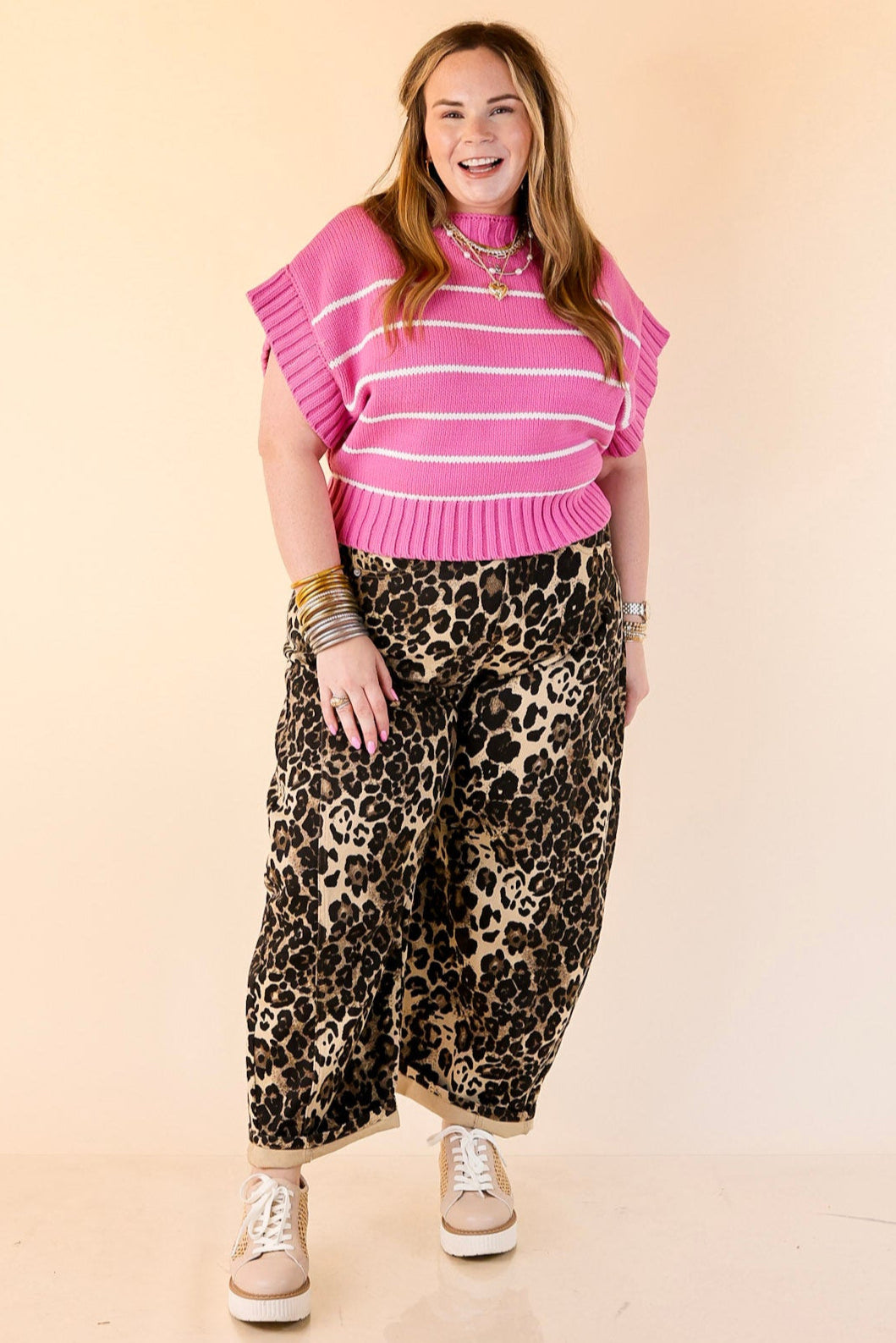 Sweet in Stripes Short Sleeve Striped Mock Neck Sweater in Bright Mauve Pink