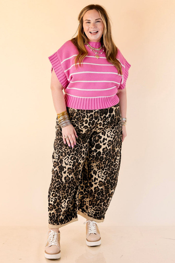 Sweet in Stripes Short Sleeve Striped Mock Neck Sweater in Bright Mauve Pink