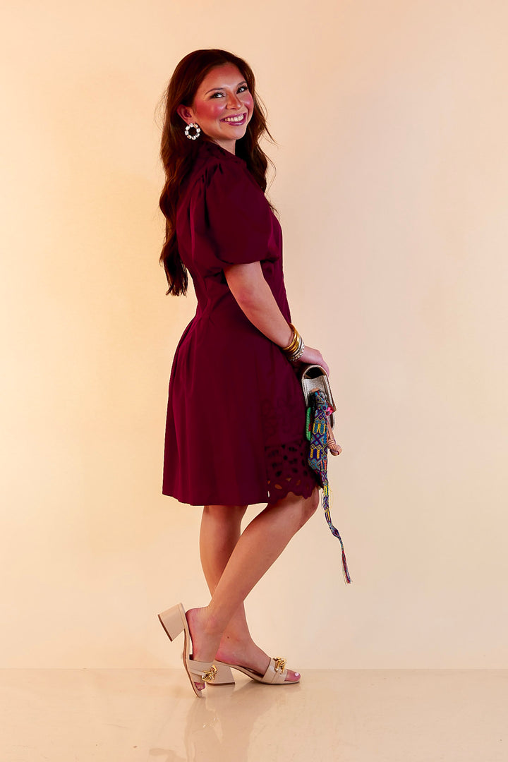 Plans to Impress Button Up Collared Eyelet Lace Trim Dress with Puff Sleeves in Maroon