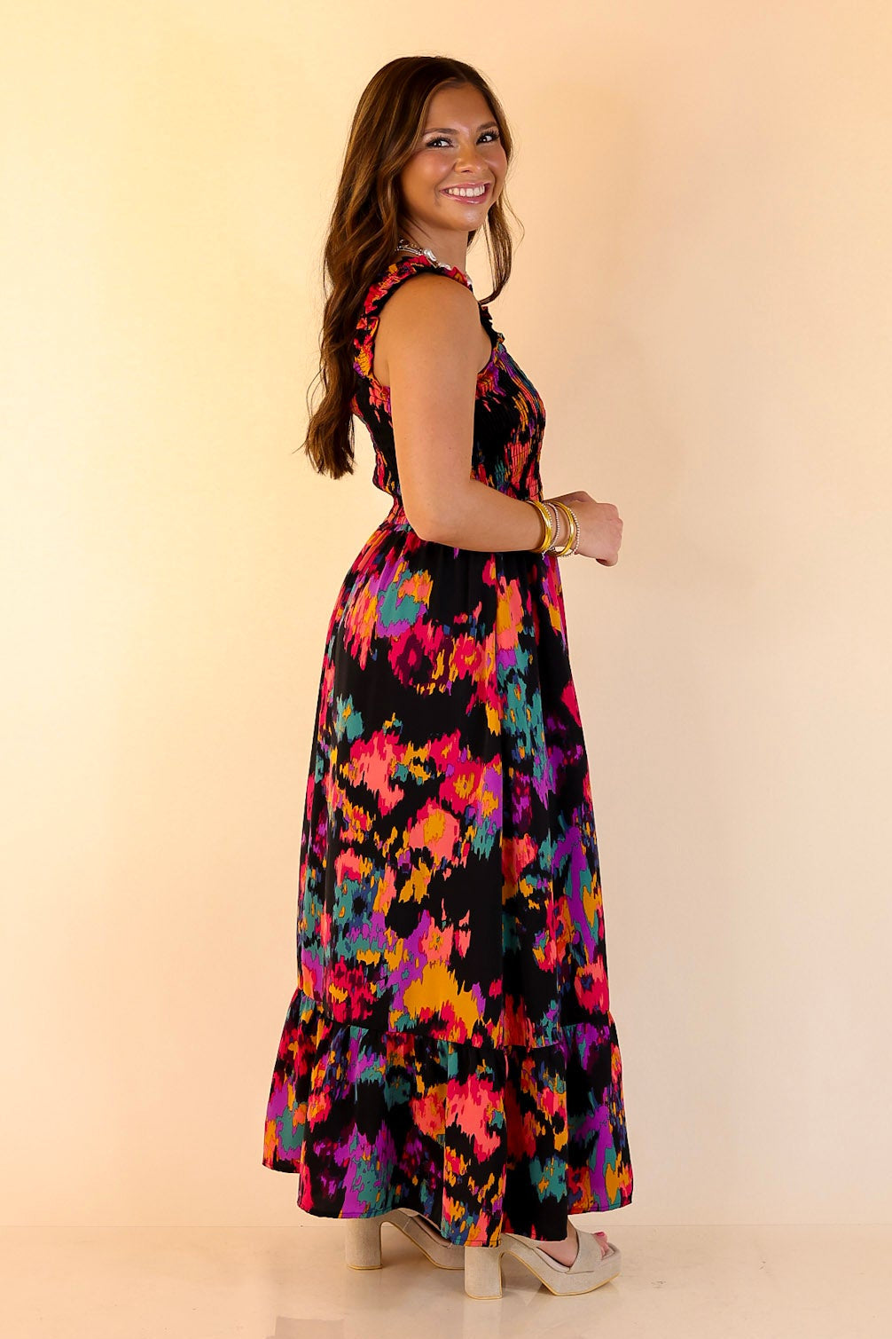 My Night Out Smocked Bodice Dress with Multicolor Abstract Print in Black