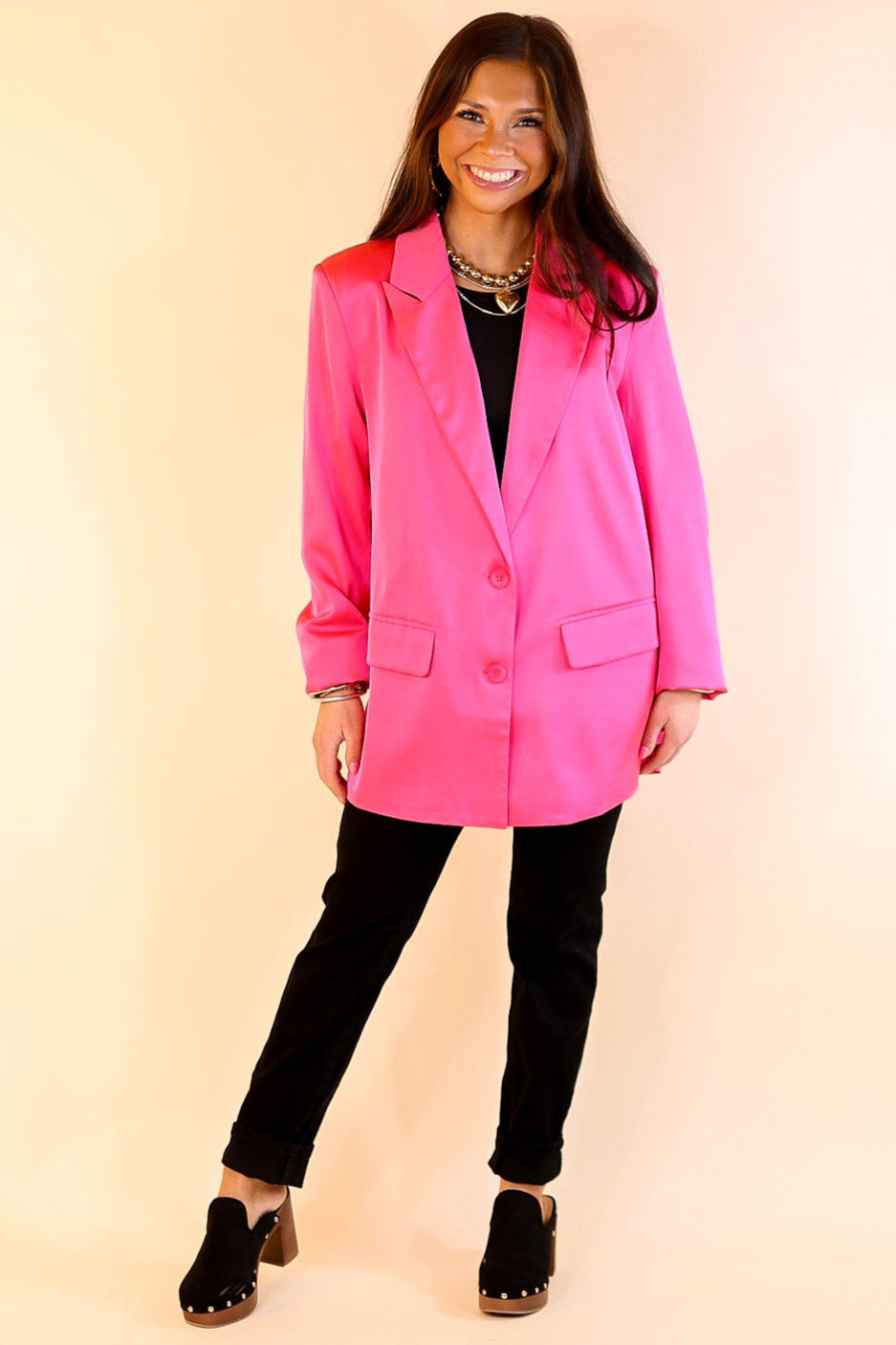 Touch Of Luxury Long Sleeve Satin Blazer in Hot Pink