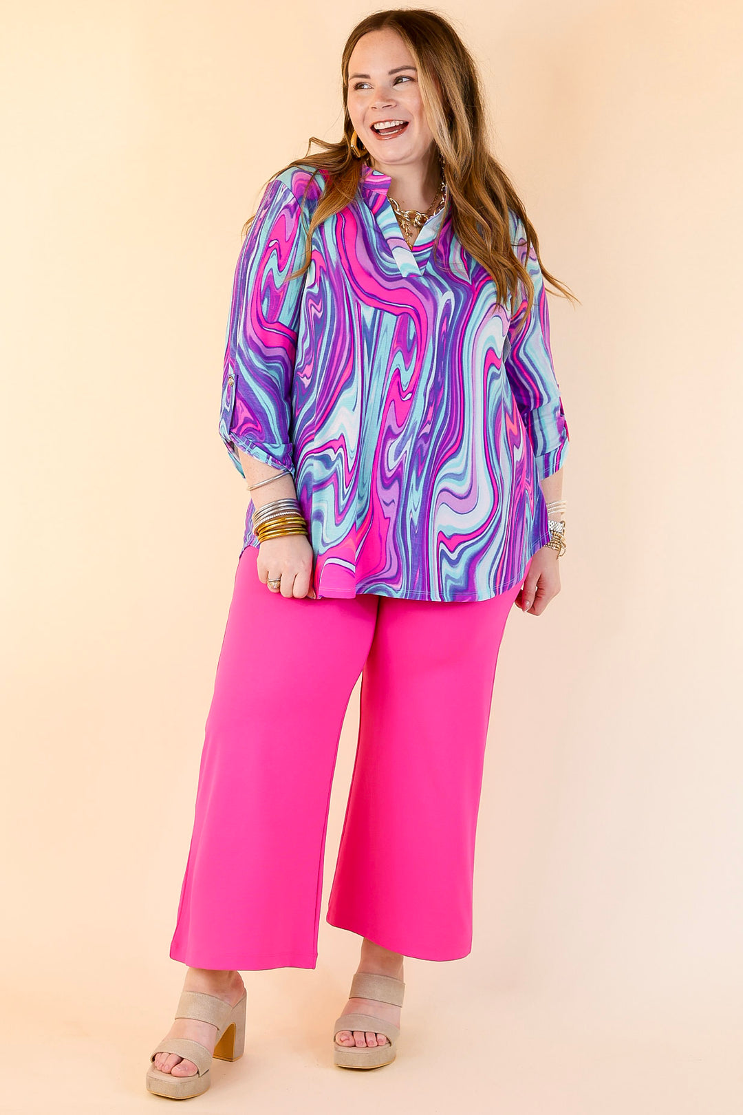 Urban Elegance Marble 3/4 Sleeve Tunic Top in Purple Mix