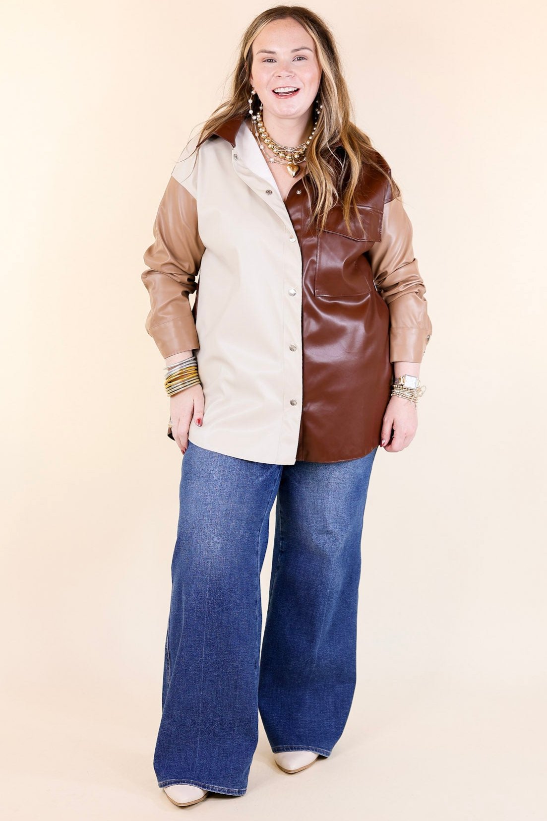 Autumn Event Faux Leather Color Block Shacket in Brown Mix