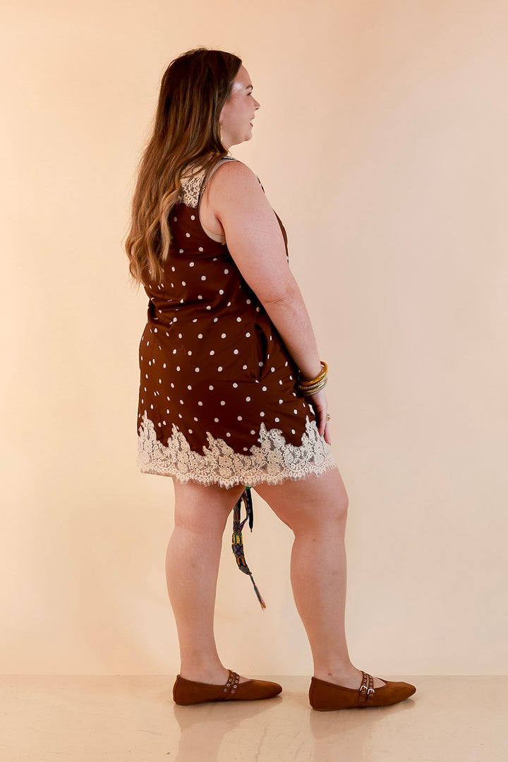 Lovely Little Details Polka Dot Lace Trim Sleeveless Shift Dress in Chocolate Brown and Ivory