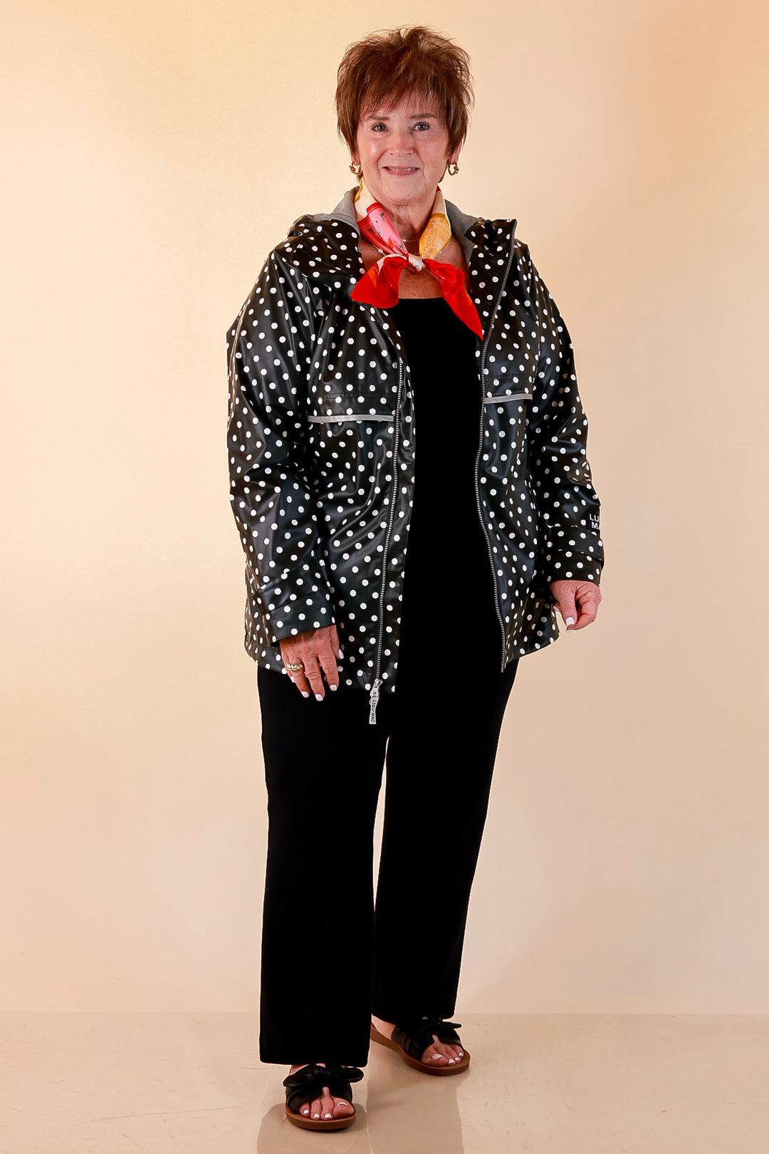 Lulu Mac | Chic Forecast Ivory Polka Dot Hooded Rain Jacket in Black