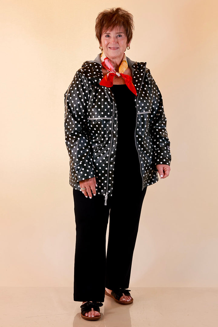 Lulu Mac | Chic Forecast Ivory Polka Dot Hooded Rain Jacket in Black