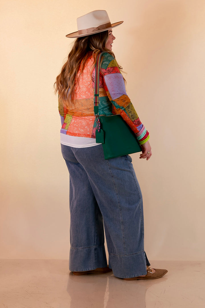 Western Dream Patchwork Paisley Bandana Print Sheer Mesh Long Sleeve Top in Multicolor