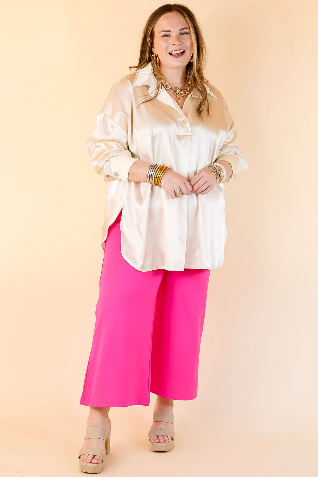 Start The Show Satin Long Sleeve Collared Top in Ivory