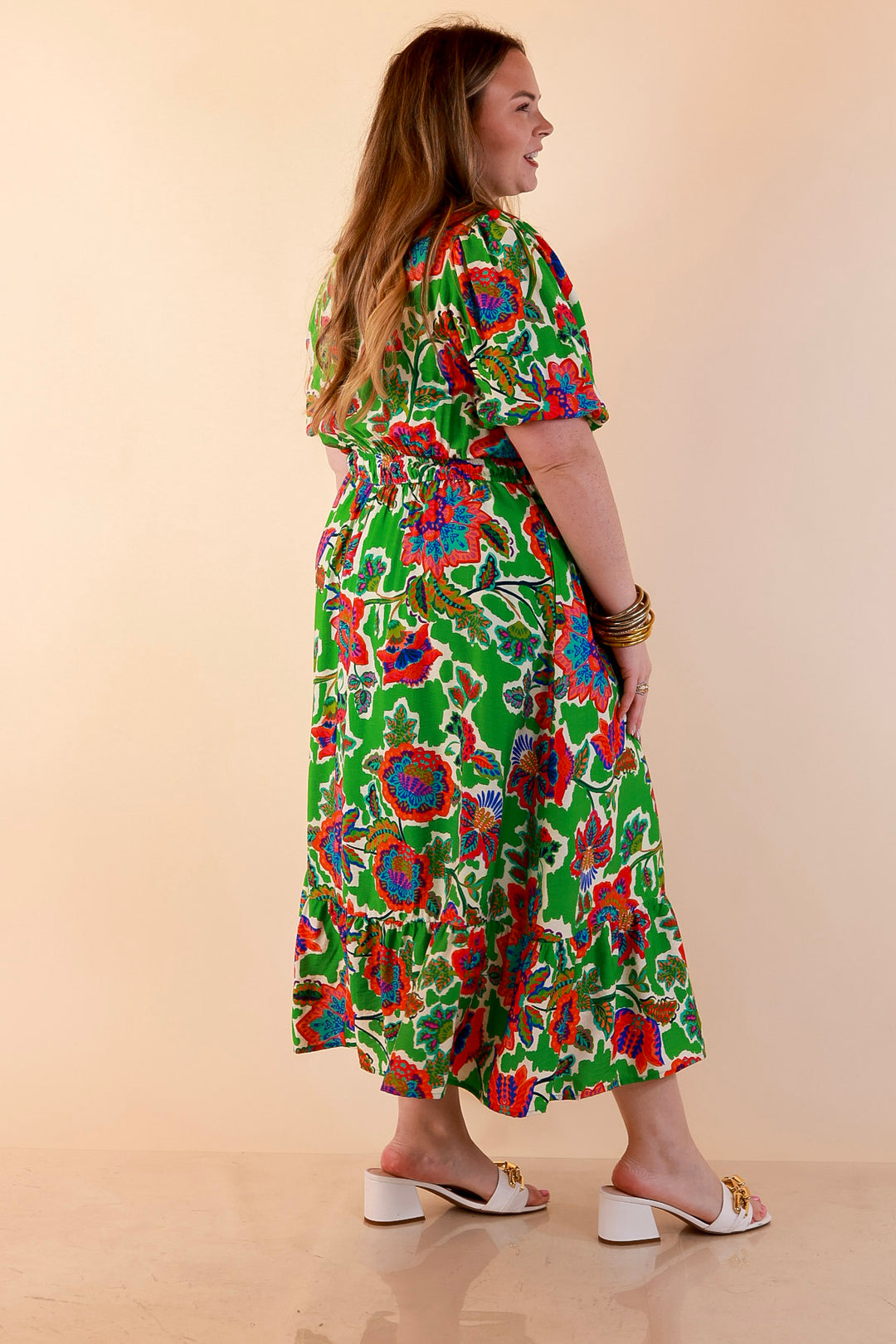 Color Me Happy Floral Print Midi Dress with Tie Neckline and Puff Sleeves in Green