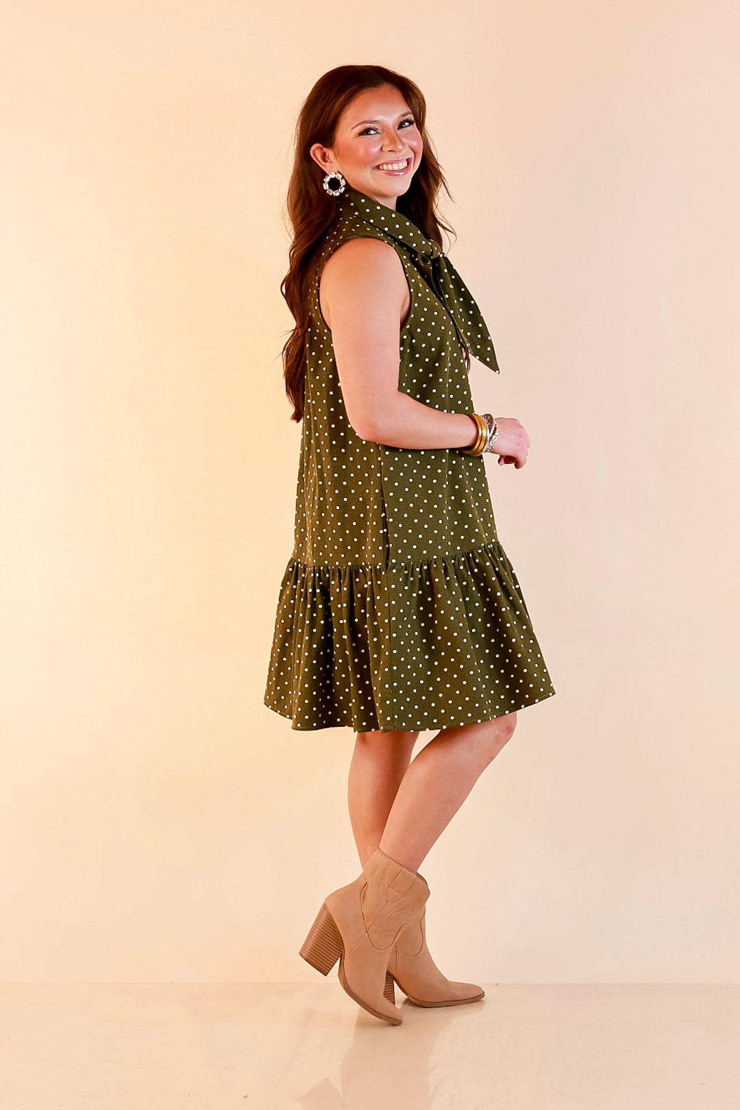 Sweet Spot Denim Polka Dot Bow Neck Tie Button Front Drop Waist Dress in Olive Green