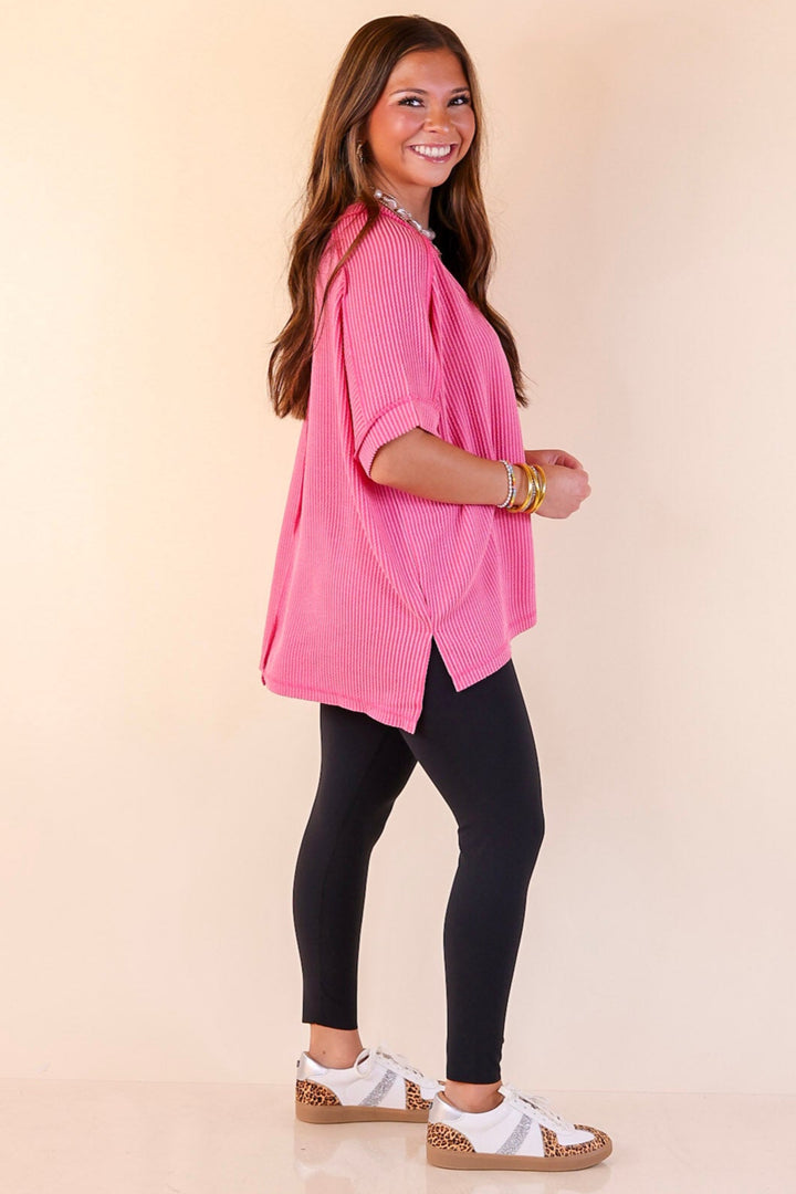 Daily Perfection Scoop Neck Short Sleeve Ribbed Top in Candy Pink