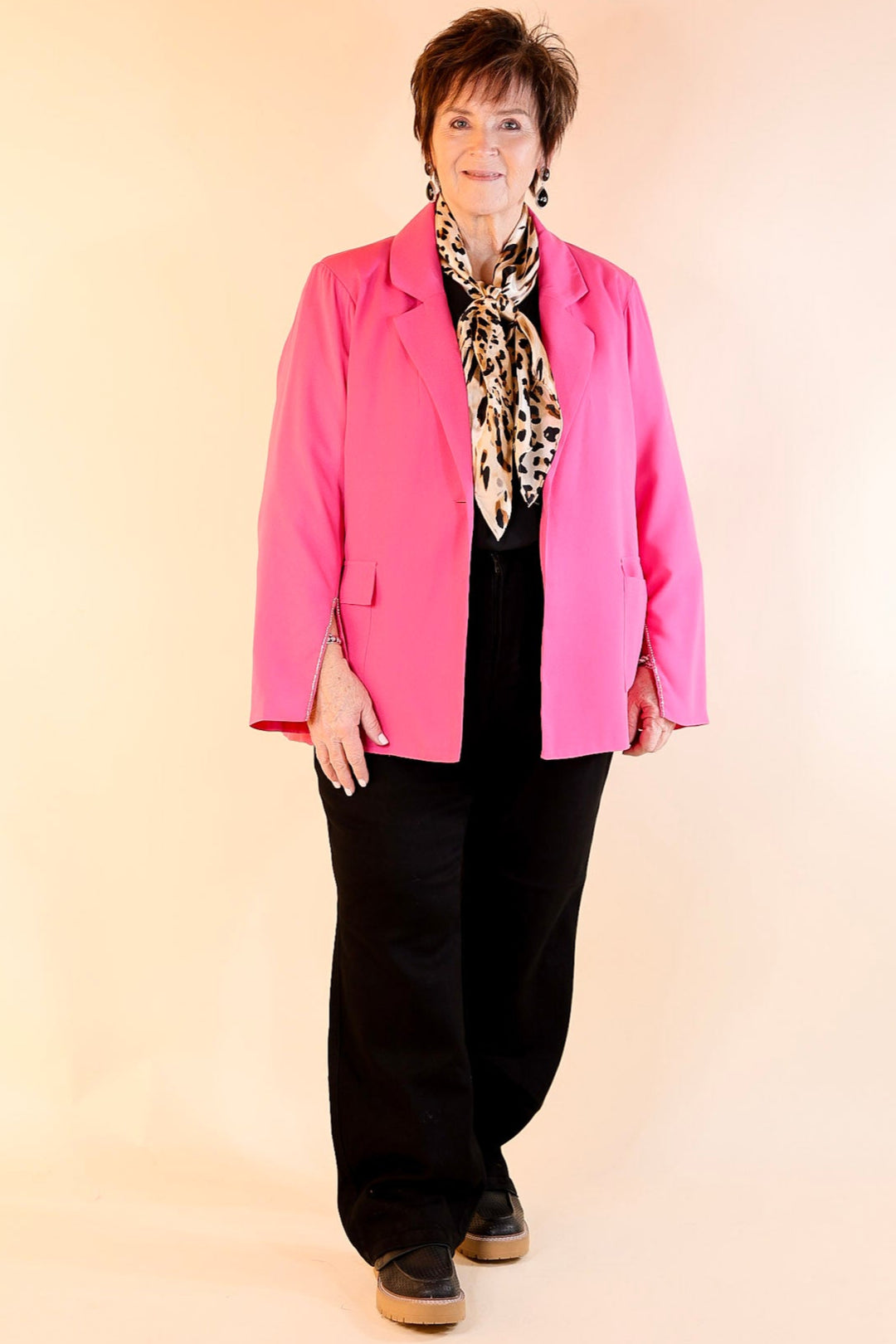 Plan For Success Crystal Slit Sleeve Blazer in Hot Pink