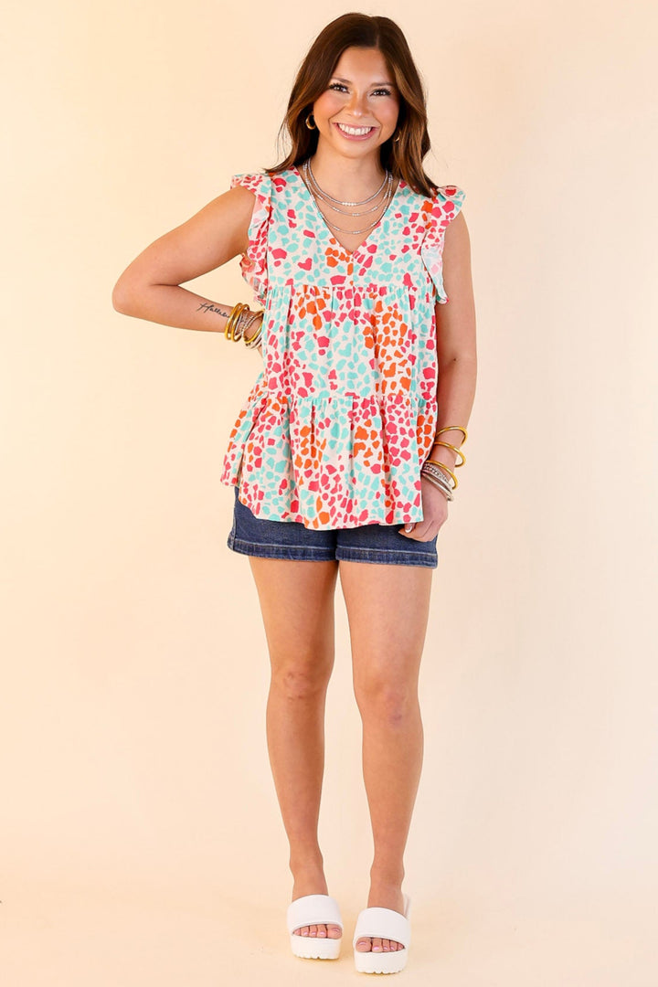 Inspiring Sights Dotted V Neck Top with Ruffle Cap Sleeves in White