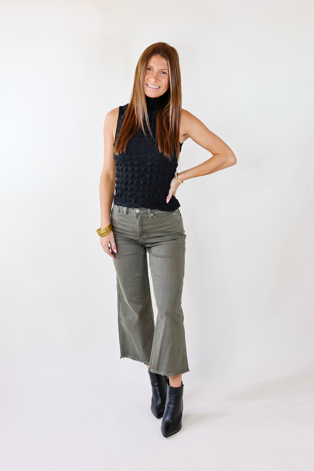 Daring Stares Mock Neck Bubble Tank Top in Black - Giddy Up Glamour Boutique