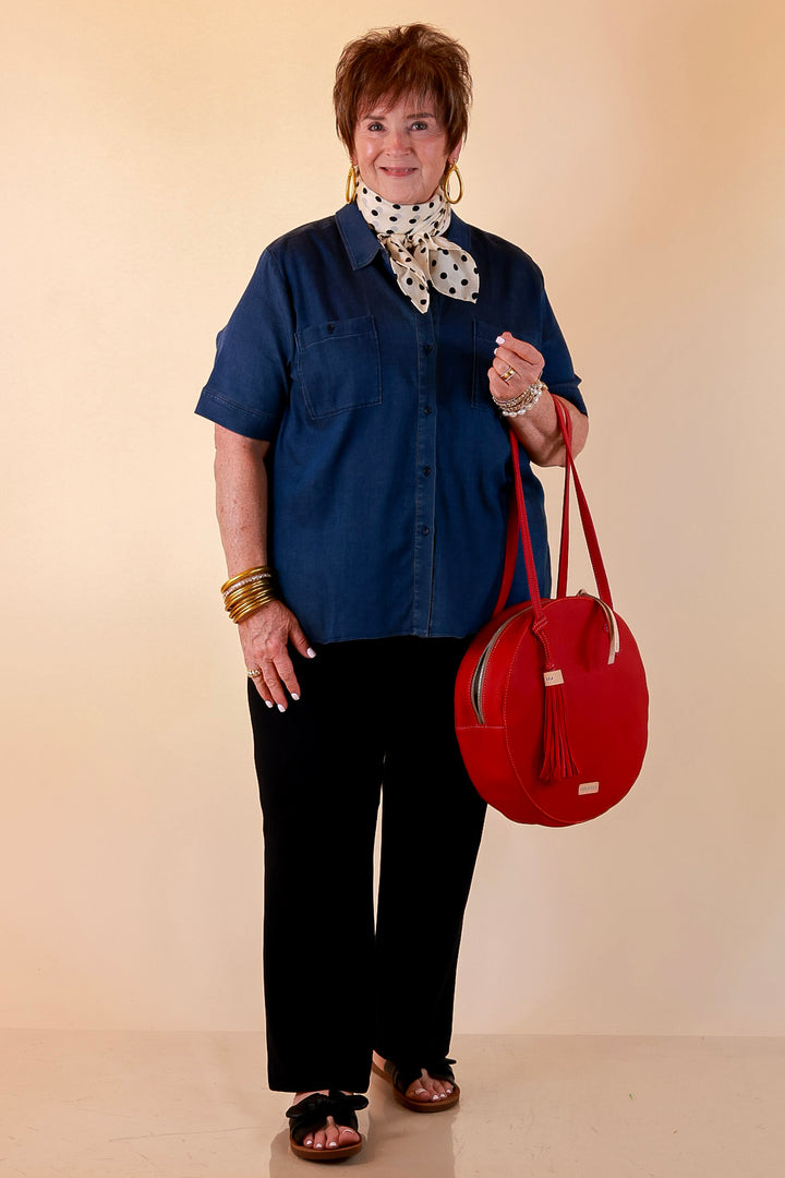 Lyssé | Best Dressed Short Sleeve Button Down Chambray Denim Shirt in Dark Wash