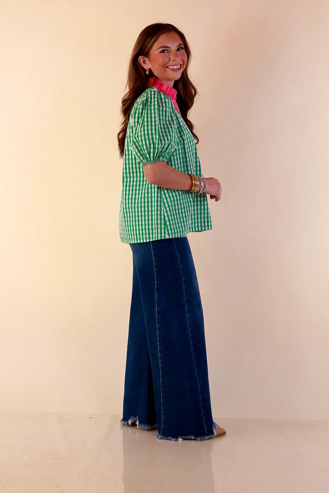 Polished &amp; Playful Short Puff Sleeve Gingham Top with Contrast Hot Pink Trim in Green and White