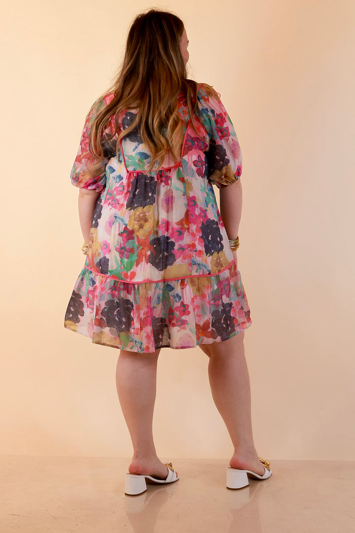 Painted Pretty Floral Print Smocked Yoke Dress with Tie Neckline and Puff Sleeves in Pink Mix