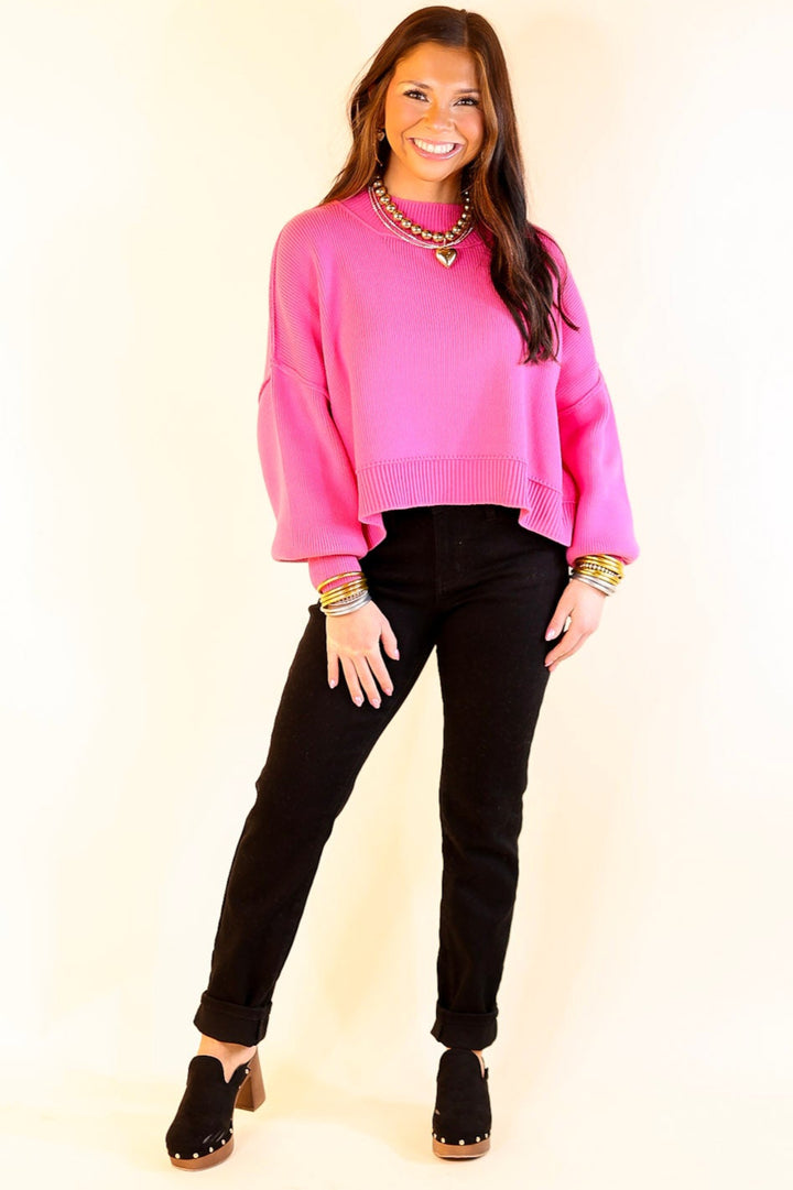 Fireside Fit Cropped Long Sleeve Mock Neck Sweater in Fuchsia Pink