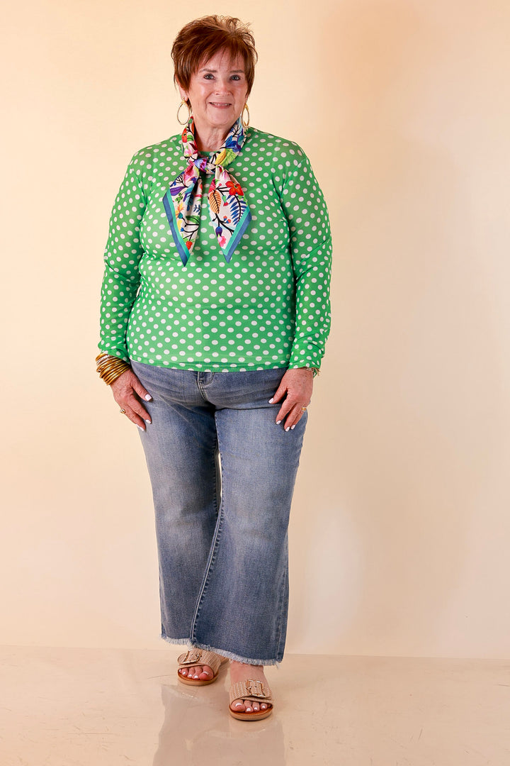 The Essential Layer Polka Dot Print Sheer Mesh Long Sleeve Top in Kelly Green