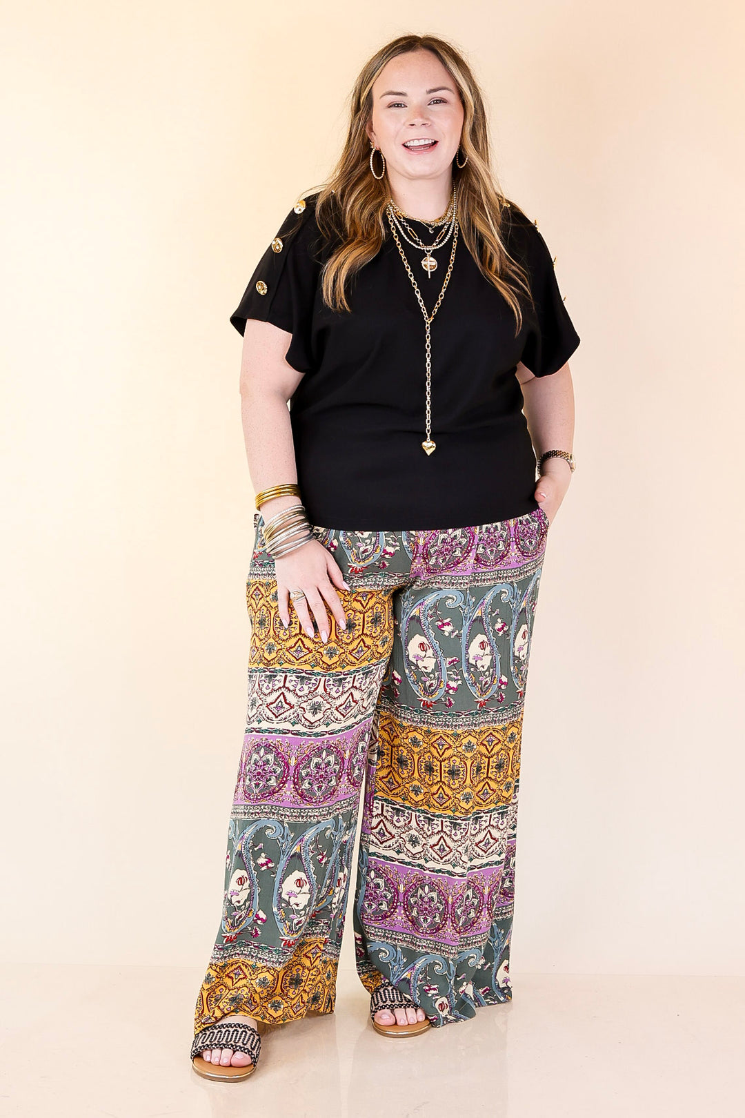 Golden Hour Glow Ribbed Crew Neck Top With Gold Button Detailing in Black