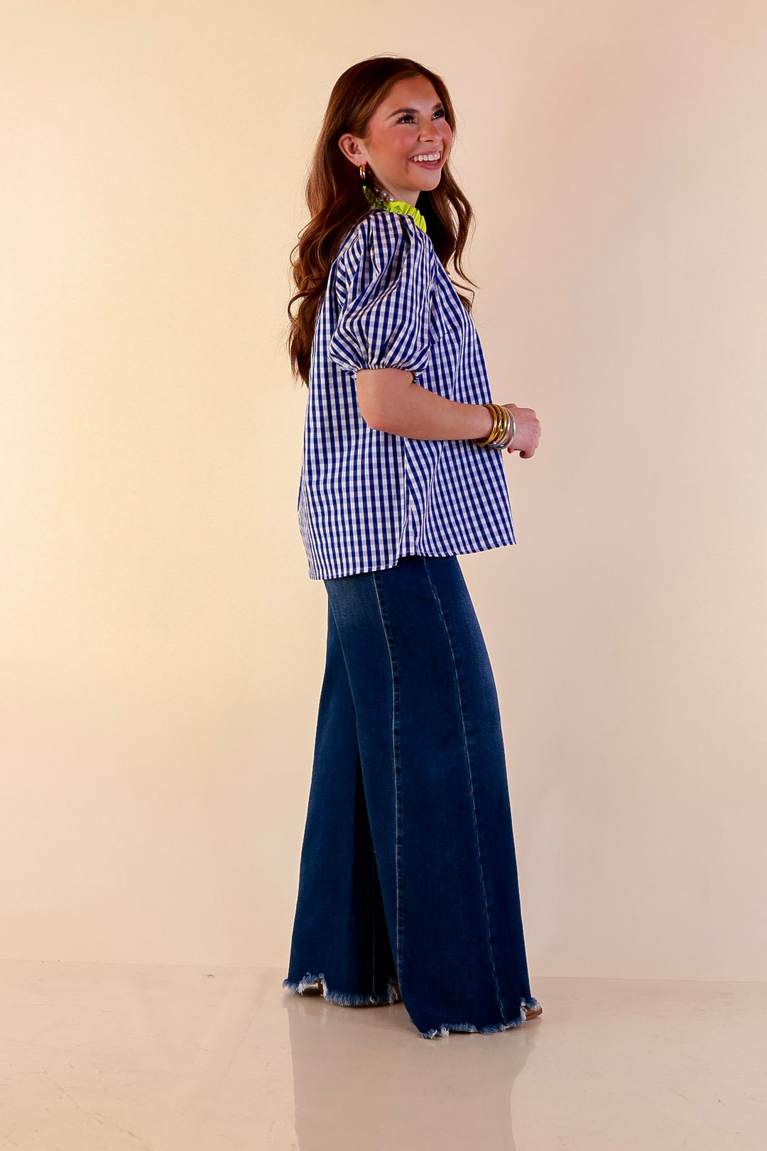 Polished &amp; Playful Short Puff Sleeve Gingham Top with Contrast Lime Green Trim in Royal Blue and White
