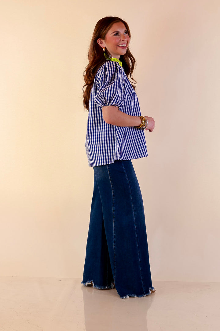 Polished &amp; Playful Short Puff Sleeve Gingham Top with Contrast Lime Green Trim in Royal Blue and White