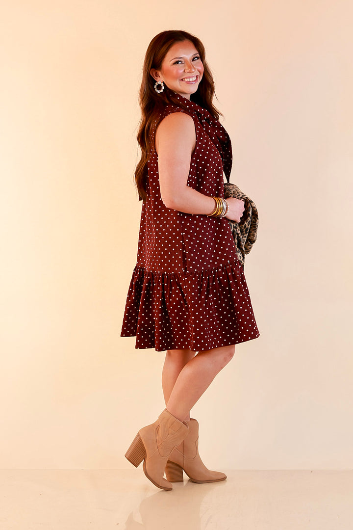 Sweet Spot Denim Polka Dot Bow Neck Tie Button Front Drop Waist Dress in Maroon