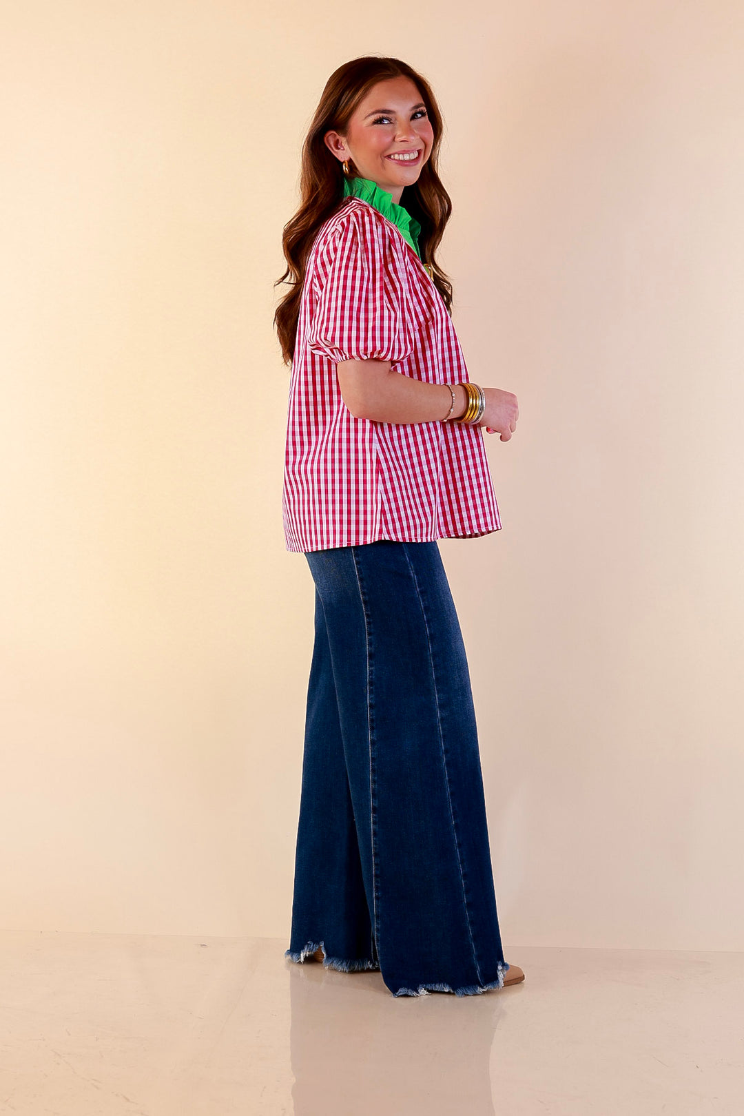 Polished &amp; Playful Short Puff Sleeve Gingham Top with Contrast Green Trim in Hot Pink and White